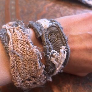 Handmade upcycled tattered boho plaid and crochet lace wrap bracelets